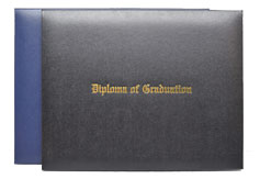 blue and black diploma covers with gold imprinting on cover